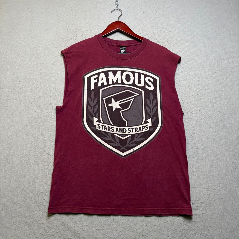 Famous Stars‎ and Straps Muscle Tee Mens L Burgundy Y2K Distressed Cut Off Shirt